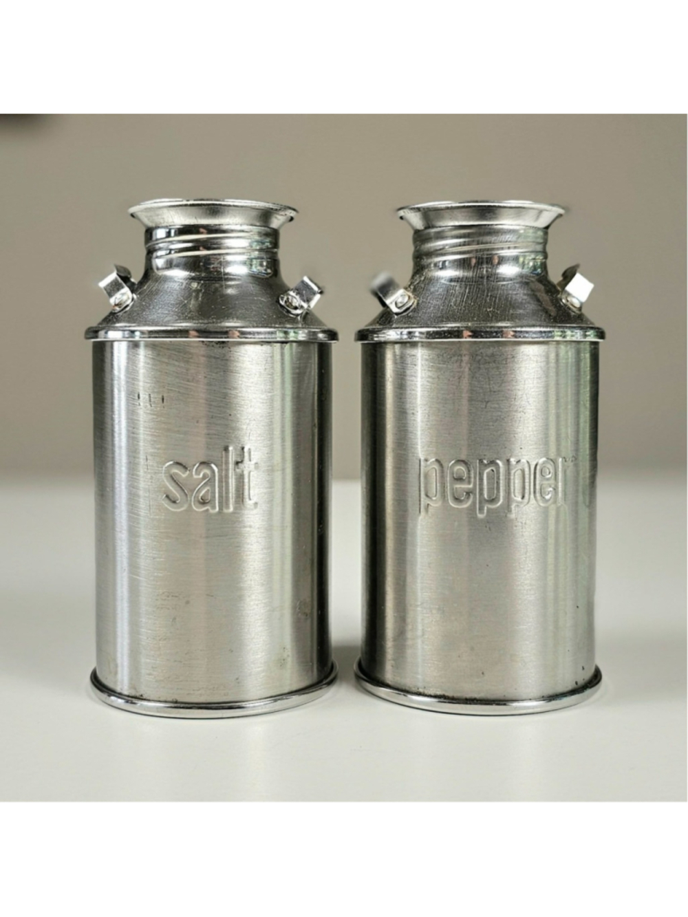 Vintage Milk Can Salt and Pepper Shakers Set Metal Farmhouse Japan 1960s 3.75"